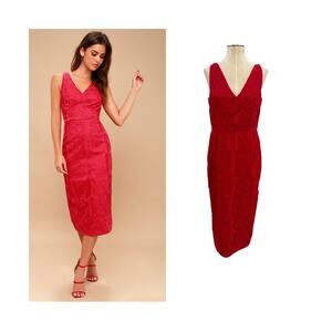 Finders Keepers Spectrum Red Embroidered Midi Dress Sheath‎ V Neck NWT Medium
